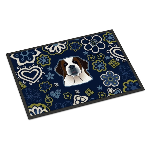 Carolines Treasures 18 x 27 in. Blue Flowers Saint Bernard Indoor or Outdoor Mat BB5097MAT - main